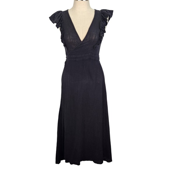 Subtropicalia Dresses & Skirts - Subtropicalia Vera Black Ruffle Wrap Midi Dress M Textured Gauze‎ Sleeveless